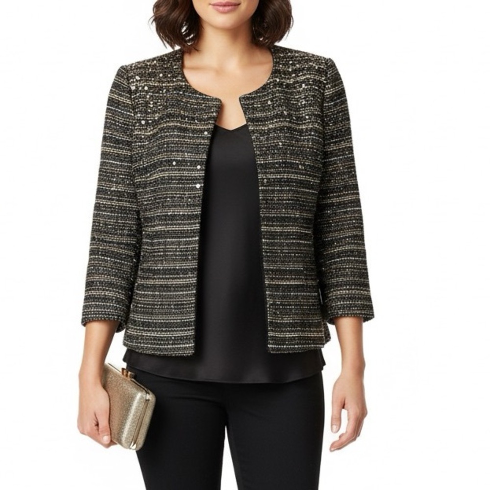 NWT Pleione Tweed Embellished Bellatrix Open Front Blazer Jacket Sz L